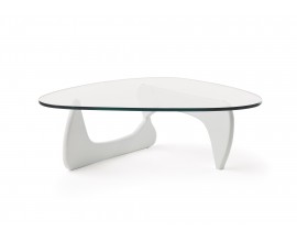 Dizajnový konferenčný stolík Dezina s bielou podstavou a sklenenou povrchovou doskou oblých tvarov