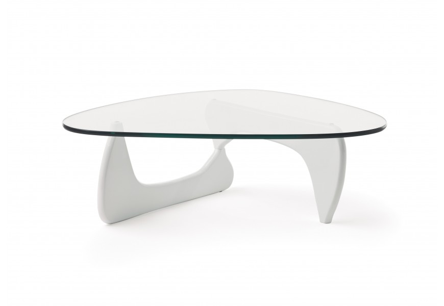 Dizajnový konferenčný stolík Dezina s bielou podstavou a sklenenou povrchovou doskou oblých tvarov
