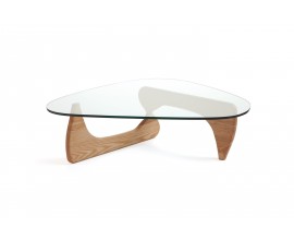 Moderný dizajnový konferenčný stolík Dezina zo skla s hnedou drevenou podstavou 126cm