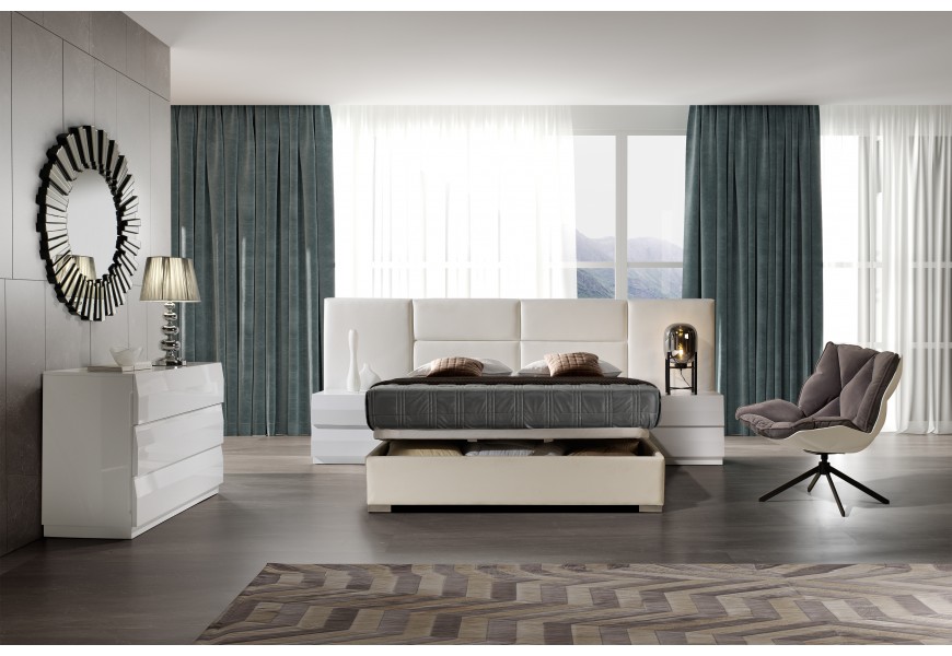 Moderná luxusná posteľ Sara s rozšíreným čelom s čalúnením z ekokože a s úložným priestorom 140-180cm