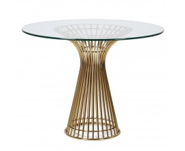 Art deco okrúhly jedálenský stôl Aurelia so zlatou kovovou podstavou v tvare presýpacích hodín a sklenenou doskou 100 cm
