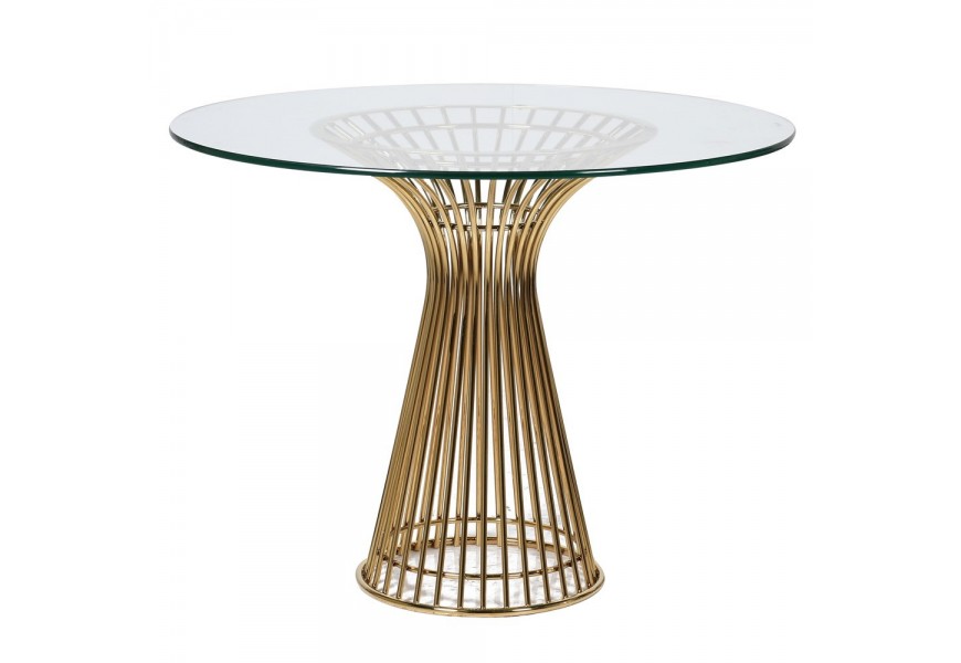 Art deco okrúhly jedálenský stôl Aurelia so zlatou kovovou podstavou v tvare presýpacích hodín a sklenenou doskou 100 cm