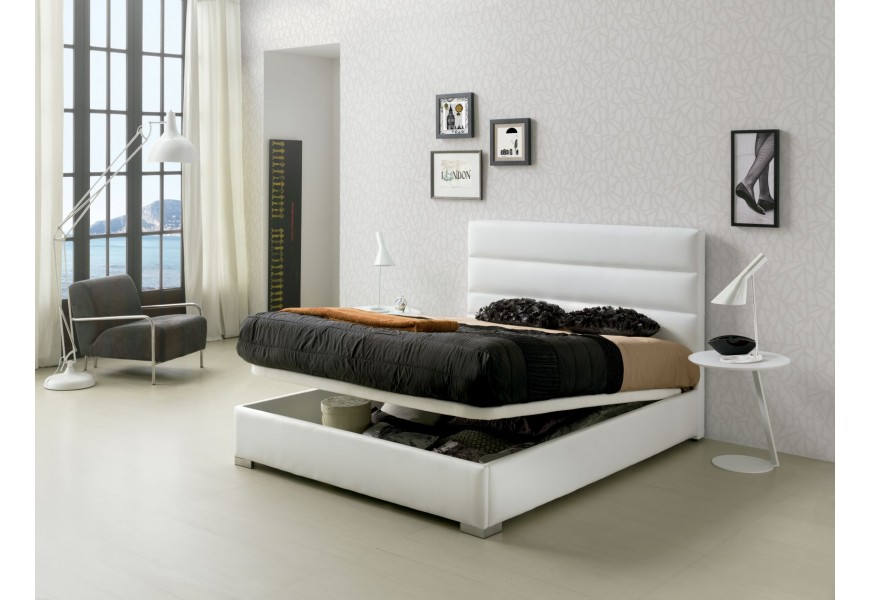 Moderná kožená posteľ Lidia s čalúnením bielej farby s vysokým čelom a s úložným priestorom 90-180cm 