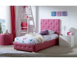 Moderná dizajnová jednolôžková čalúnená posteľ Raquel s ružovým koženým poťahom s chesterfield prešívaním 90-105cm