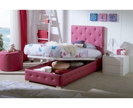 Štýlová moderná kožená posteľ Raquel z ekokože fuksiovej farby s chesterfield prešívaním a s úložným priestorom