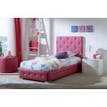 Moderná štýlová posteľ Raquel s ružovým koženým poťahom s chesterfield prešívaním a s úložným priestorom 90-105cm
