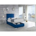 Elegantná jednolôžková čalúnená posteľ Piccolo z ekokože modrej farby s úložným priestorom