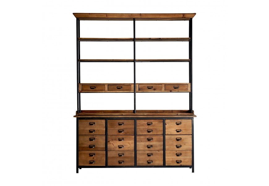 Luxusná knižnica Acetera so zásuvkami a poličkami z masívu s kovovou konštrukciou v industriálnom štýle