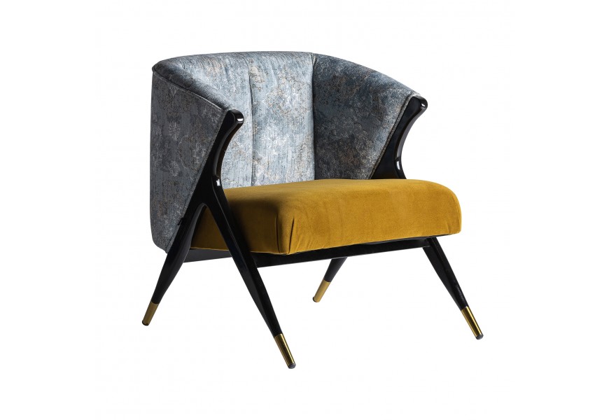 Dizajnové kreslo Anabella s modrou vzorovanou opierkou so žltou sedacou časťou