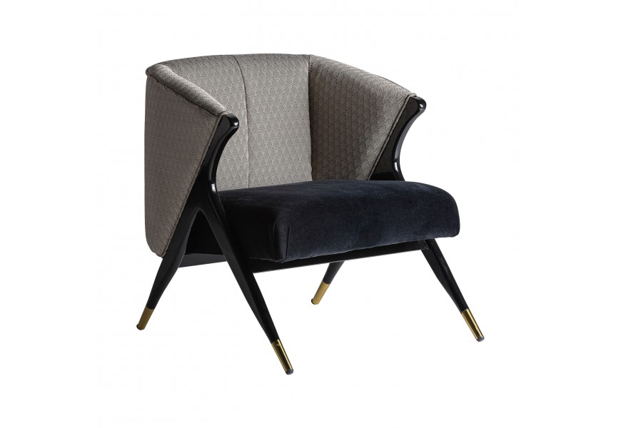 Kreslo Anabella s viacfarebným čalúnením v štýle art-deco s čiernymi drevenými nožičkami so zlatým zakončením