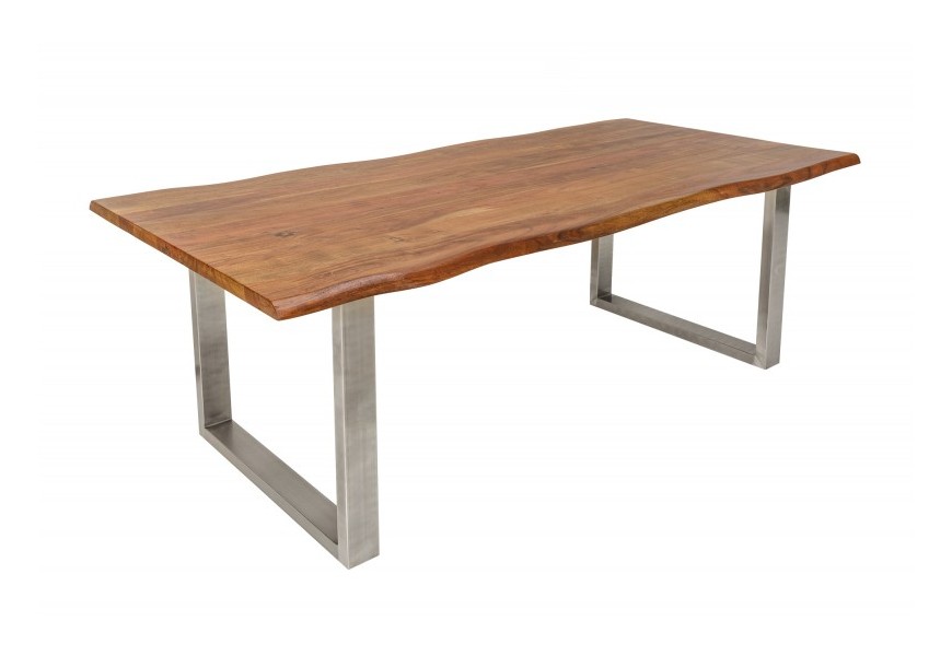Industriálny jedálenský stôl Mammut z dreva akácia v hnedej farbe so striebornými kovovými nohami