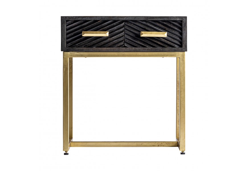 Dizajnový moderný čierny nočný stolík Romienn na zlatých nohách z mangového dreva so zásuvkami