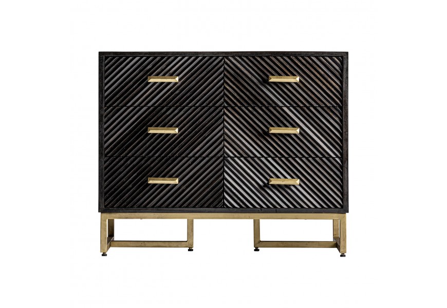 Dizajnová moderná čierna komoda Romienn na zlatých nohách z mangového dreva so šiestimi zásuvkami