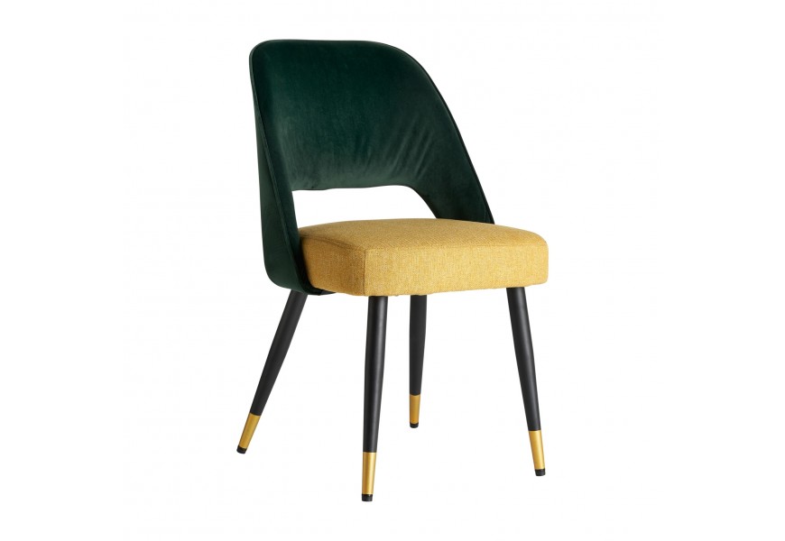 Dizajnová moderná jedálenská stolička Dosiee na čiernych nohách s luxusným zeleným a žltým poťahom v art-deco štýle