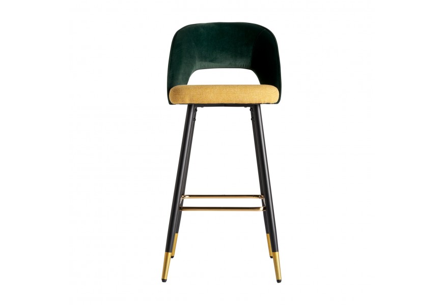 Dizajnová moderná barová stolička Dosiee na čiernych nohách s luxusným zeleno-žltým poťahom v art-deco štýle