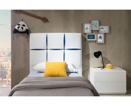 Štýlová moderná jednolôžková posteľ Veronica bielej farby s poťahom z ekokože s modrým vzorom