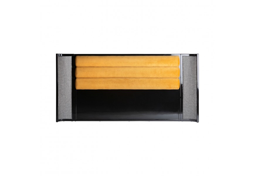 Art-deco čelo postele Bellow v lesklom čiernom prevedení s horčicovo žltým zamatovým čalúnením 224cm 