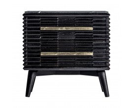 Luxusný art-deco nočný stolík Plissé Nero v čiernom prevedení z masívneho dreva s mramorovou vrchnou doskou 65cm