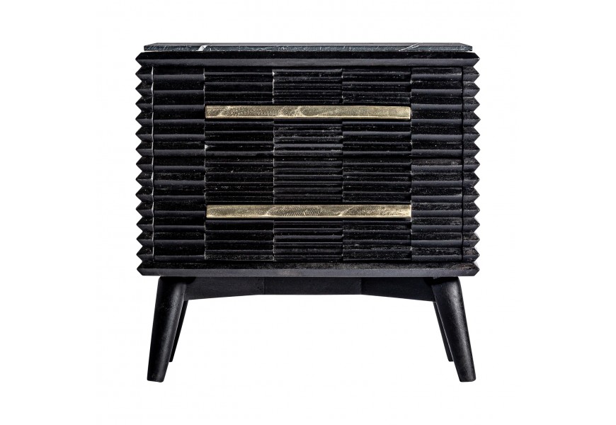 Art-deco nočný stolík Plissé Nero z čierneho mangového dreva s mramorovým vrchom a zlatými rukoväťami