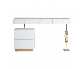 Luxusný štýlový stolík Moraira bielej farby s mramorovým vzorom so zlatými kovovými prvkami