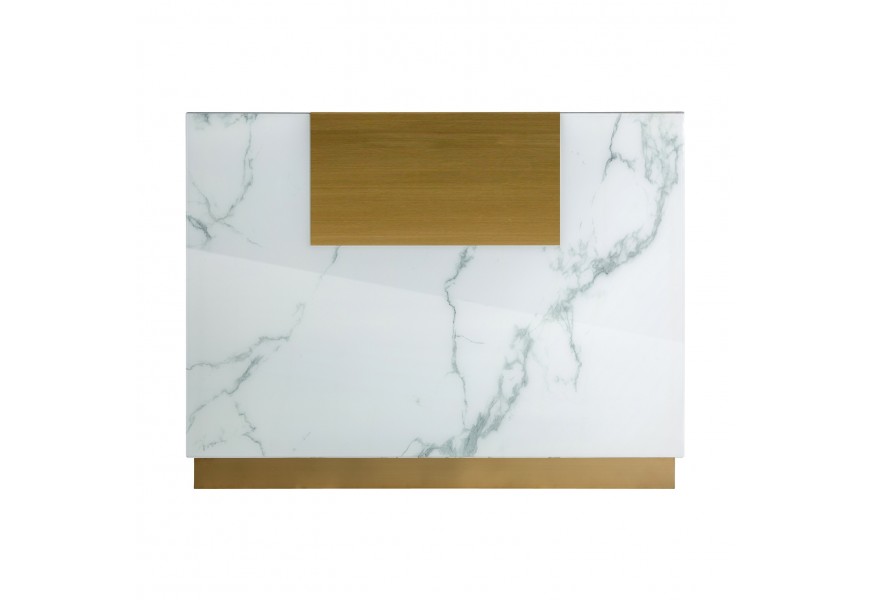 Luxusný stolík v art-deco štýle Moraira so štyrmi poličkami a tromi zásuvkami v bielo-zlatom prevedení