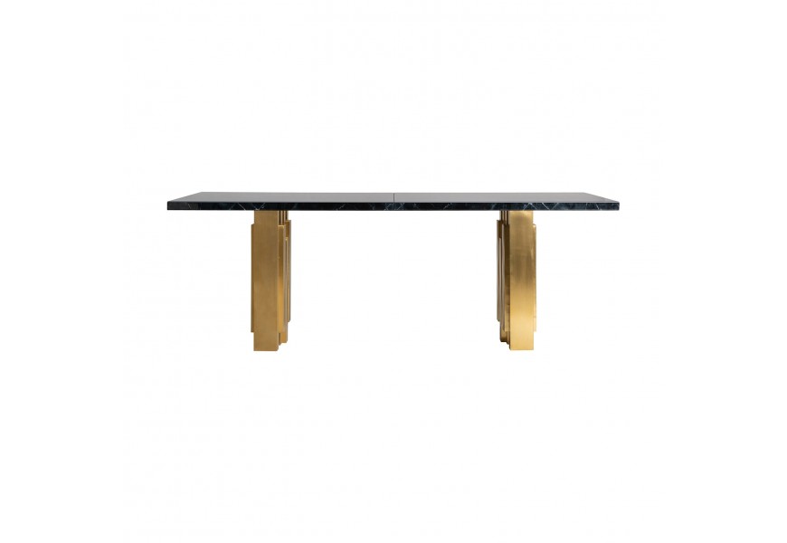Art-deco sklenený čierny jedálenský stôl Moraira so zlatými kovovými nohami 220cm 