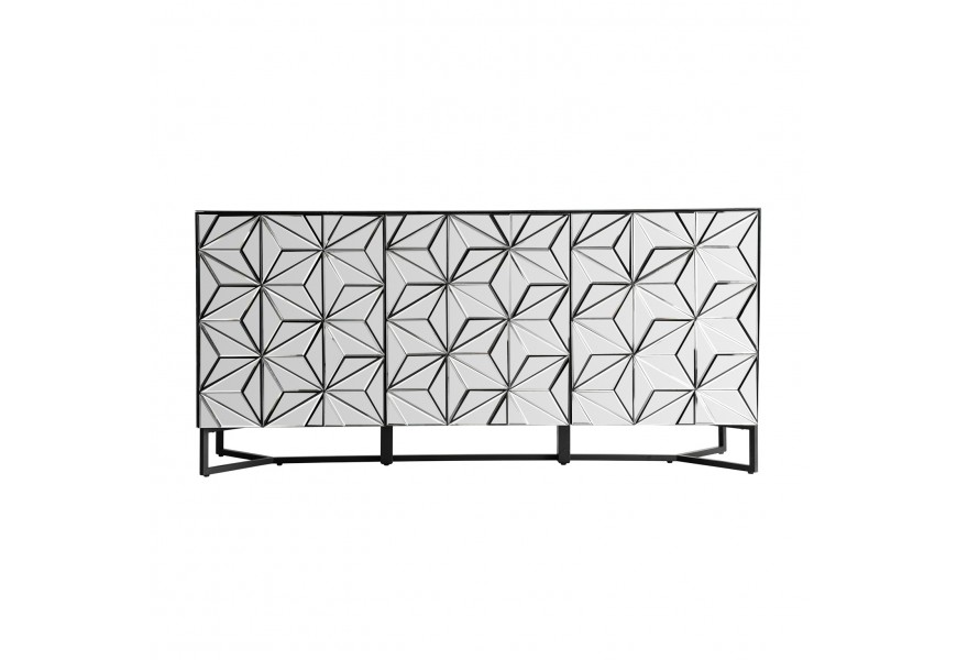 Trojdverový art-deco príborník Venetians v zrkadlovom prevedení s čiernou kovovou podstavou