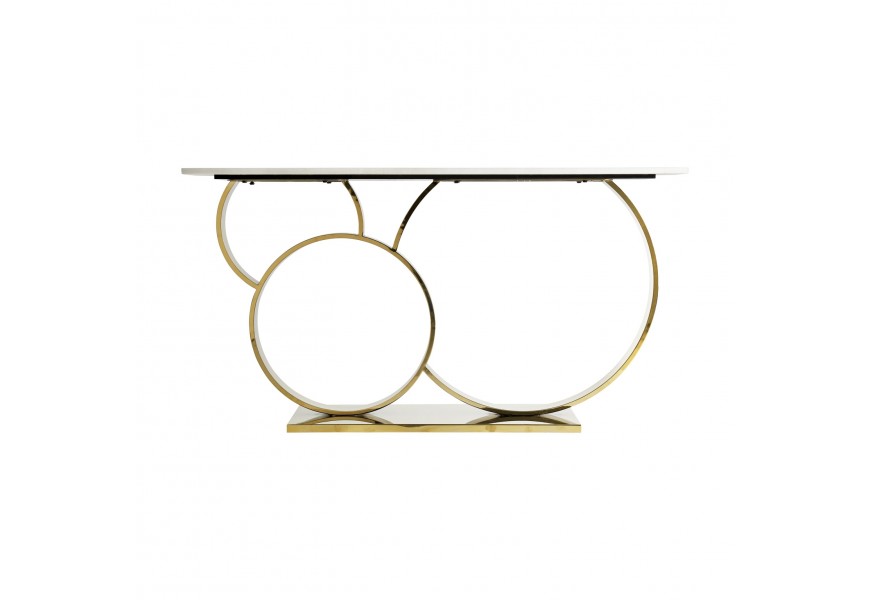 Biely Mramorový konzolový stolík Desna v štýle art-deco s kovovou oválnou podstavou v zlatej farbe