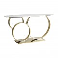 Luxusný art-deco konzolový stolík Desna s bielou mramorovou vrchnou doskou a kovovou zlatou podstavou v tvare kruhov 145cm
