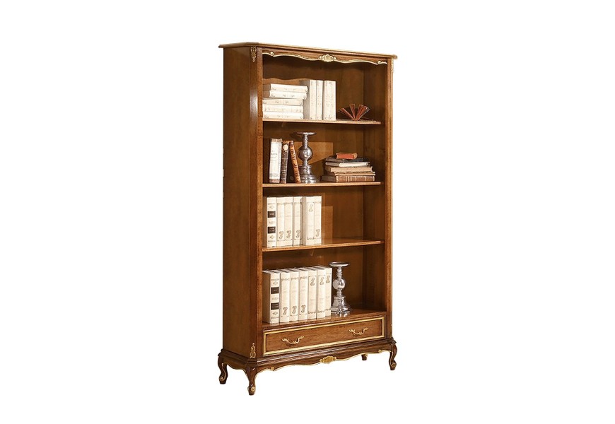 Luxusná klasická knižnica Emociones z masívneho dreva so štyrmi poličkami a veľkou zásuvkou