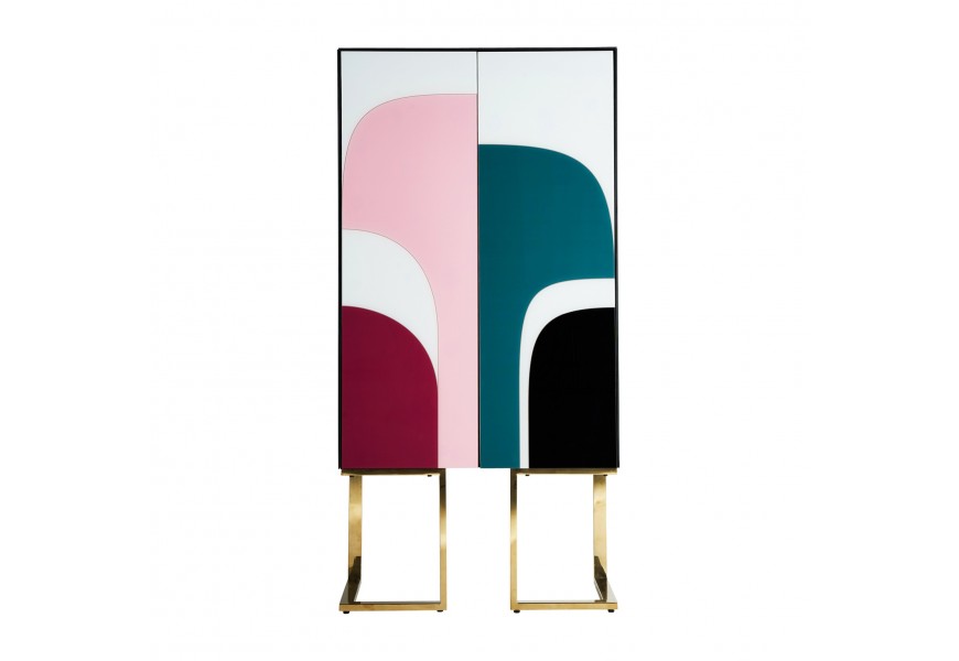 Dizajnová skriňa Bluejay so vzorovanými dvierkami vo viacfarebnom prevedení a zlatými kovovými nožičkami