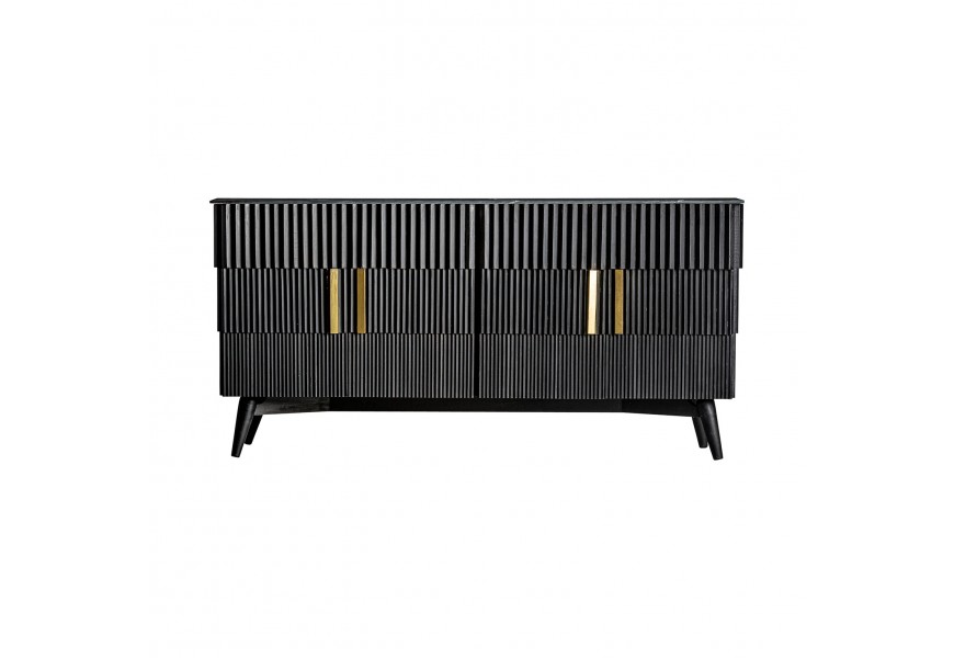 Masívny príborník Plissé Nero z mangového dreva s mramorovou vrchnou doskou a zlatými rukoväťami na dvierkach