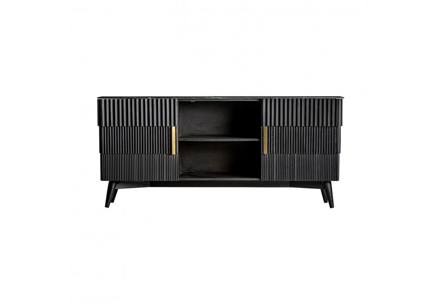 Masívny TV stolík Plissé Nero v čiernom mramorovom vyhotovení s kovovou rukoväťou v zlatej farbe