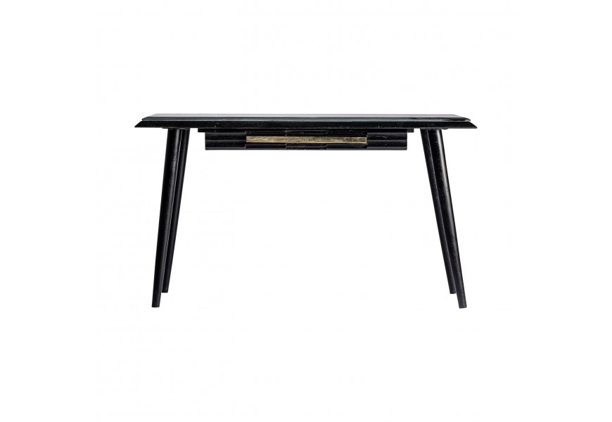 Mramorový pracovný stolík Plissé Nero v čiernom masívnom art-deco prevedení so zásuvkou so zlatou rukoväťou
