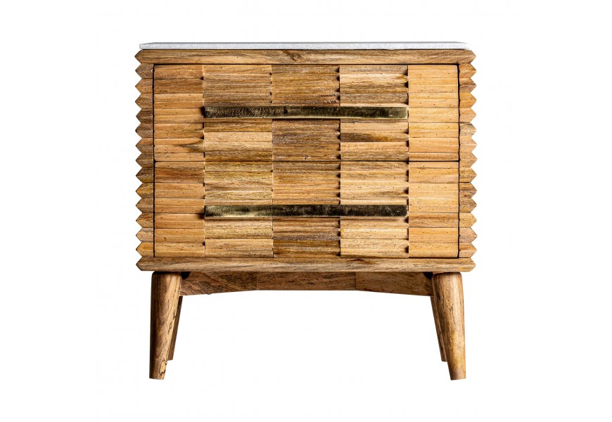 Jedinečný masívny nočný stolík Plissé Nature so sivou mramorovou vrchnou doskou v prírodnej hnedej farbe