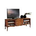 Masívny drevený TV stolík Clásica so štyrmi poličkami a dvomi zásuvkami s rustikálnym zdobením a vyrezávaním