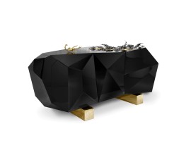 Luxusná lesklá art-deco komoda z čierneho dreva s pozlátenou podstavou a mosadznými chrobákmi Diamond Metamorphosis