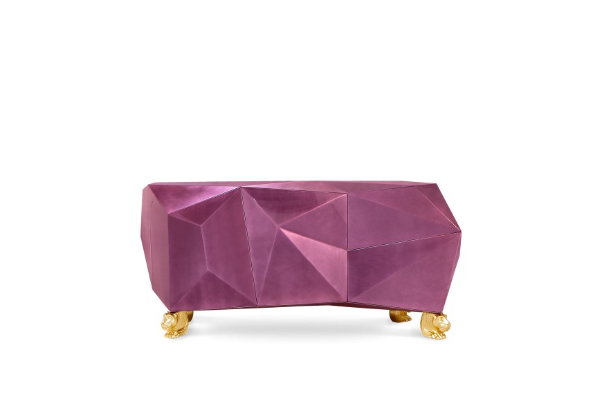 Luxusná ametystovo fialová art-deco komoda z masívneho dreva s pozlatenými nožičkami v tvare tigra Diamond Amethyst
