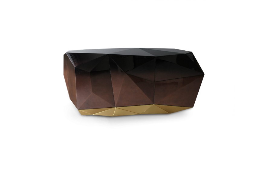 Luxusný moderný príborník z masívneho dreva s lesklou povrchovou úpravou a pozlátenou podstavou Diamond Chocolate 185 cm