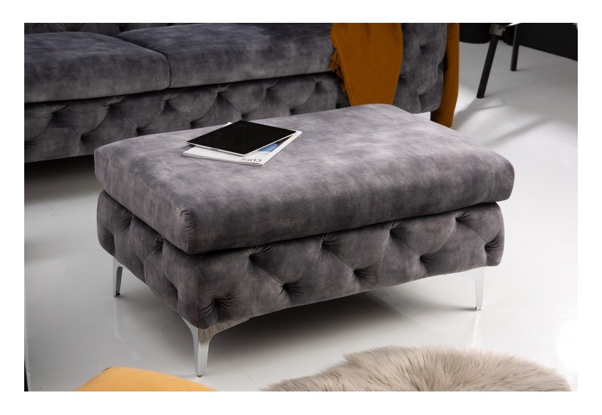 Chesterfield taburetka Modern Barock so sivým zamatovým poťahom 90cm