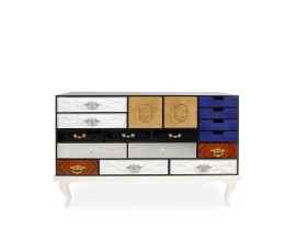 Luxusná moderná komoda Mondrian z lakovaného masívneho dreva s 15timi dizajnovými zásuvkami a dvomi dvierkami 140cm