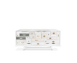 Luxusná komoda Mondrian z mahagónového dreva v prestížnom bielom lakovanom vyhotovení s dizajnovými zásuvkami