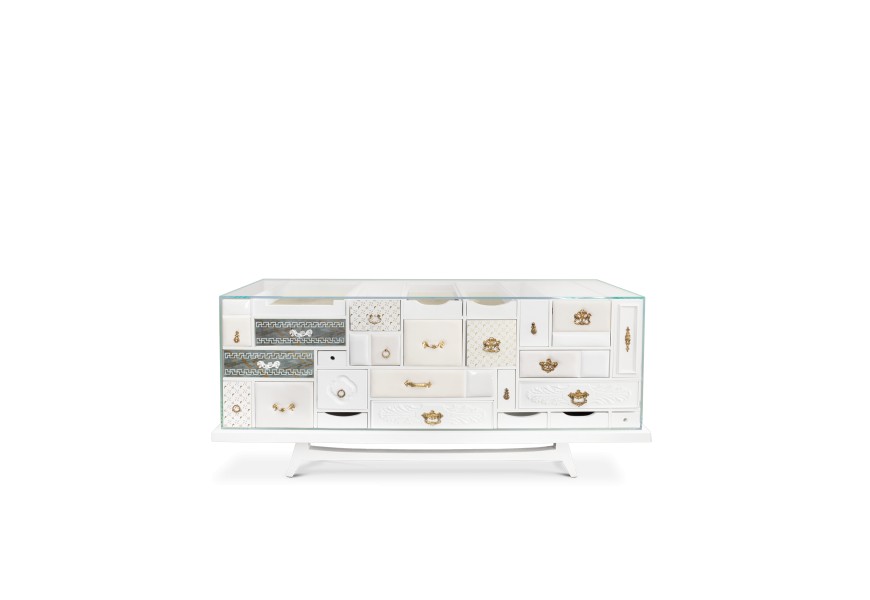 Luxusná biela masívna komoda Mondrian v prestížnom vyhotovení s dizajnovými zásuvkami 186cm
