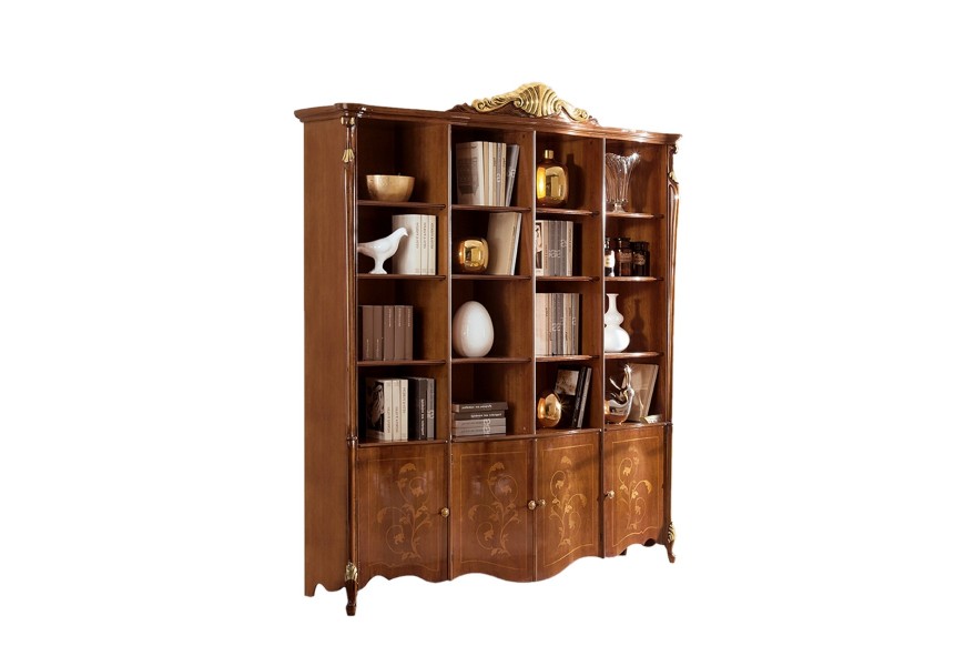Masívna luxusná knižnica Pasiones v rustikálnom štýle s poličkami a dvierkami s vyrezávaným zdobením 225cm
