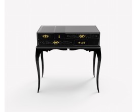 Luxusný čierny nočný stolík Mondrian z lakovaného masívu a čiernych skiel so zlatými detailmi a klasickými prvkami 63cm
