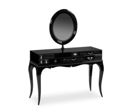 Luxusný toaletný stolík z čierneho lakovaného mahagónového masívu a čierneho tvrdeného skla s oválnym zrkadlom