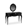 Luxusný toaletný stolík z čierneho lakovaného mahagónového masívu a čierneho tvrdeného skla s oválnym zrkadlom