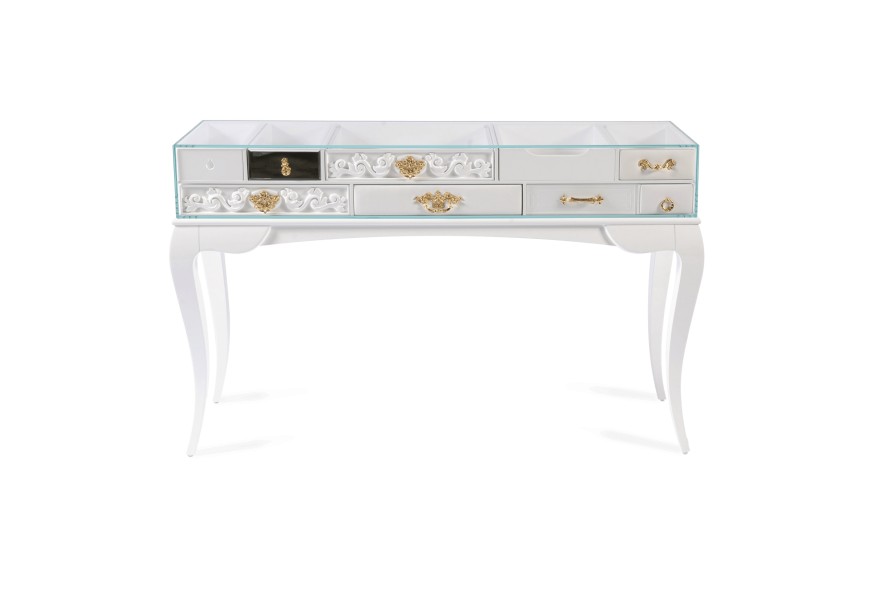 Exkluzívny art-deco konzolový stolík z bieleho lakovaného masívu a číreho skla s pozlátenými detailmi