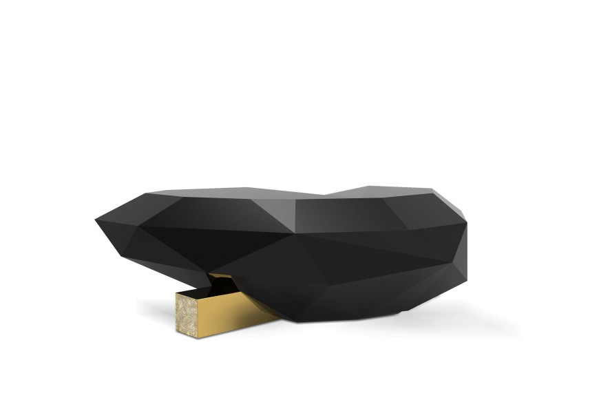 Luxusný dizajnový asymetrický konferenčný stolík v čiernej farbe z masívneho dreva a liatej mosadze Diamond