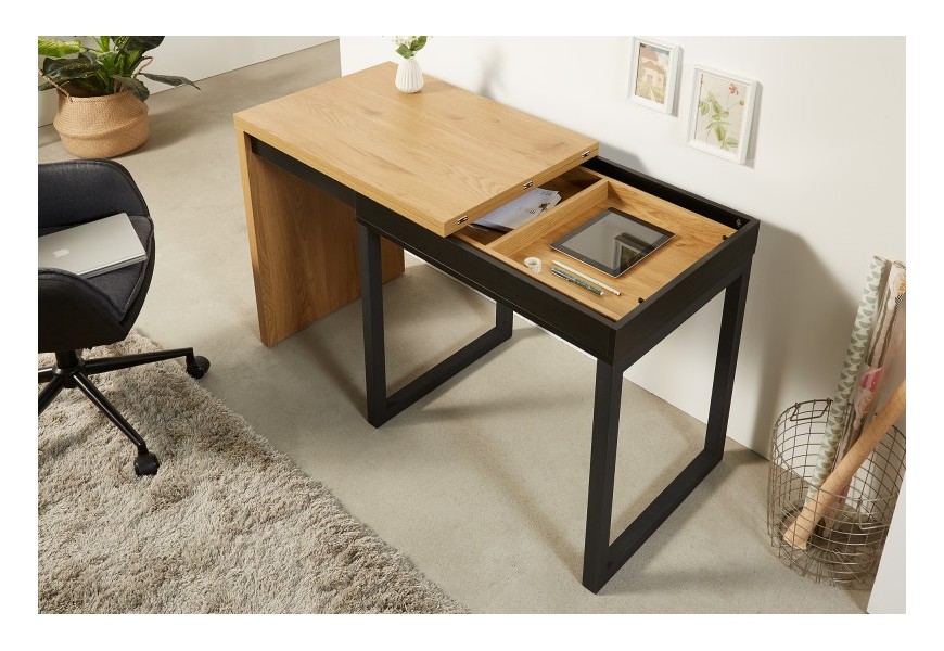 Dizajnový písací stolík Westford s rozkladacím mechanizmom a drevenou doskou vsadenou do čiernej kovovej konštrukcie